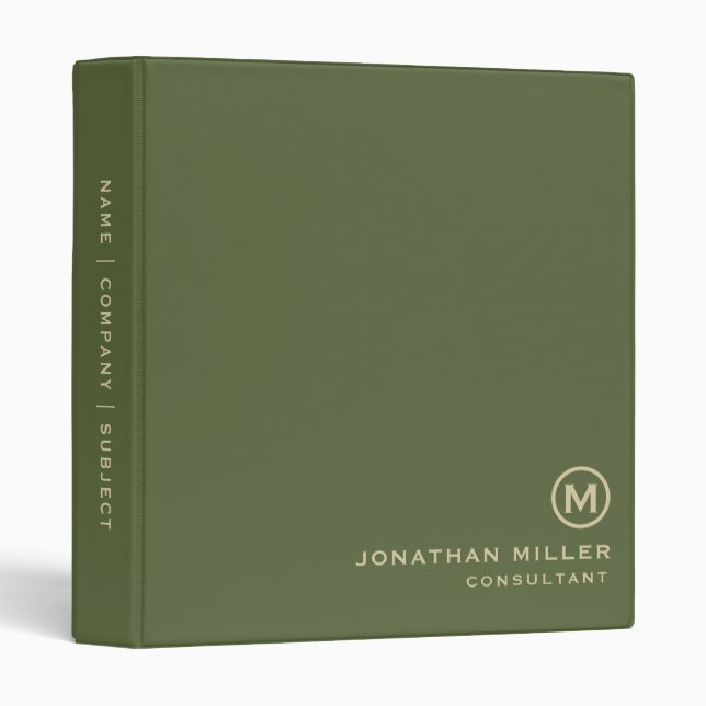 Minimal Classic Monogram Olive Green 3 Ring Binder (Front/Spine)