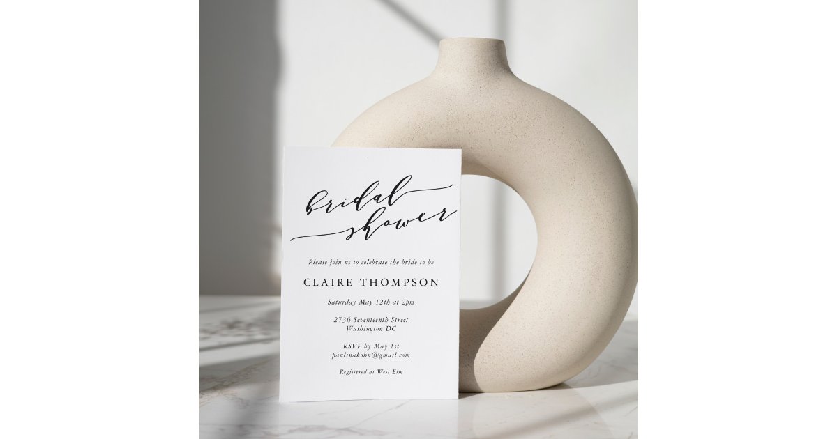 Minimal Classic White Black Script Bridal Shower Invitation | Zazzle