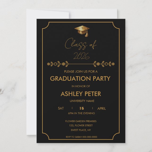 Minimal Classy Black & Gold Grad Party Invitation (Front)