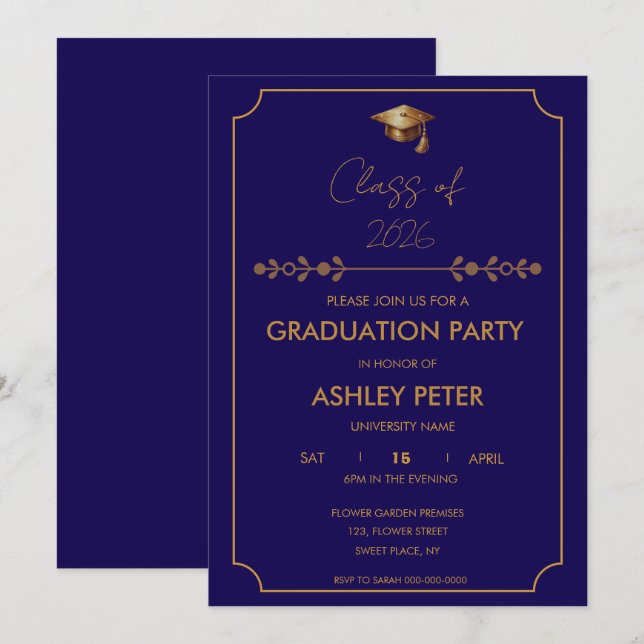 Minimal Classy Blue Grad Party Invitation (Front/Back)