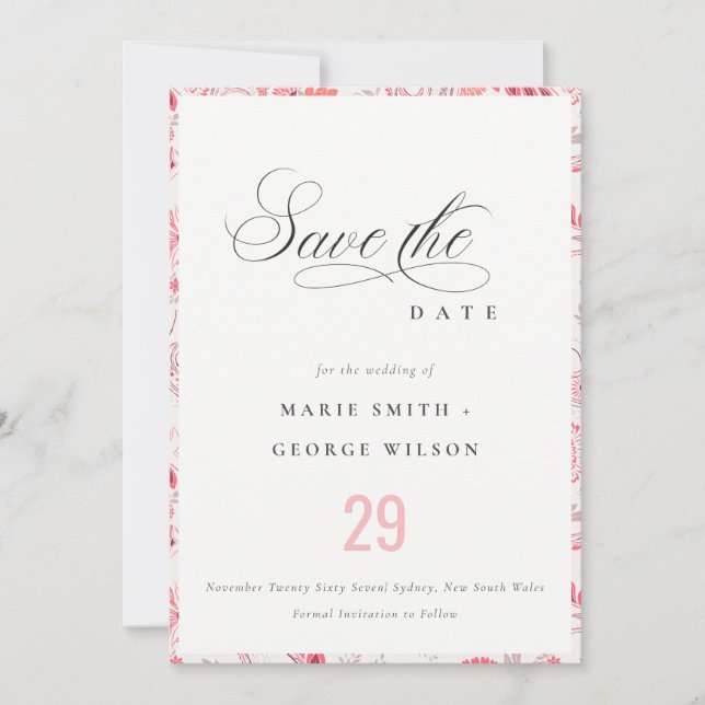 Minimal Classy Modern Blush Paisley Typography Save The Date (Front)