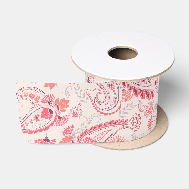 Minimal Classy Modern Blush Pink Red Paisley Satin Ribbon (Spool)