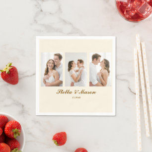 Minimal clean 3 photo romantic wedding napkins