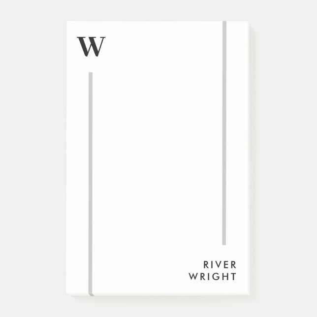 Minimal Clean Gray Lines Monogram & Name Post-it Notes (Front)