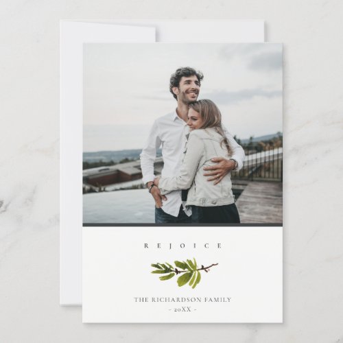 Minimal Clean Pine Branch Christmas Rejoice Photo Holiday Card