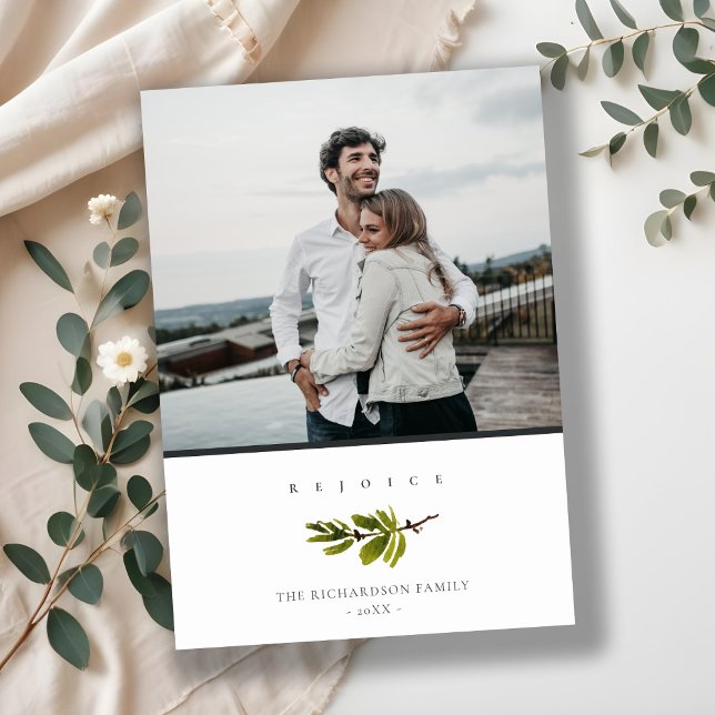 Minimal Clean Pine Branch Christmas Rejoice Photo Holiday Card (Creator Uploaded)