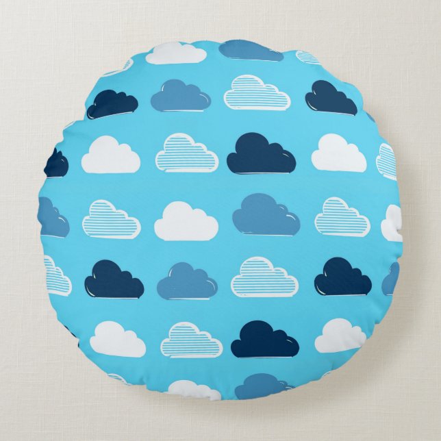 Minimal Clouds Pattern – Blue Sky Vibes Round Pillow (Front)