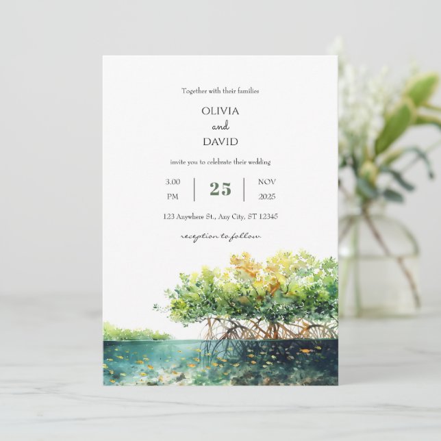 Minimal Coastal Mangrove Underwater Beach Wedding  Invitation (Standing Front)