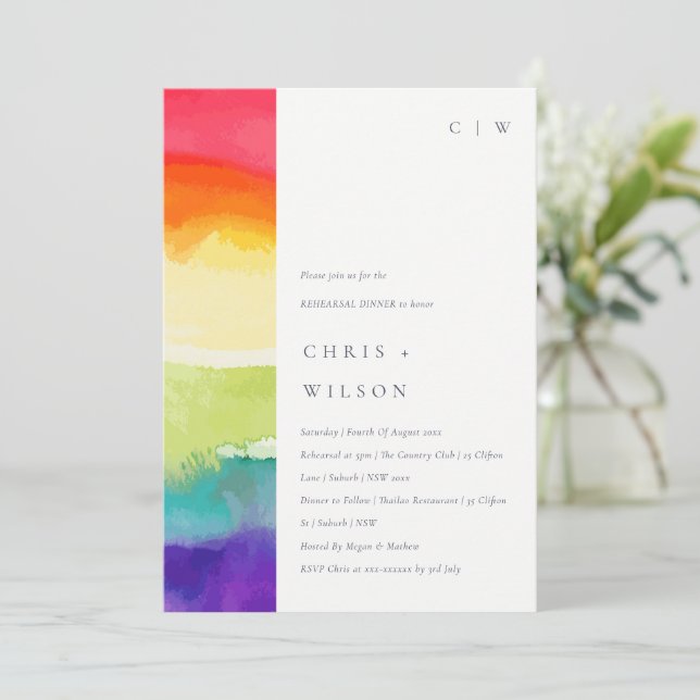 Minimal Colorful Pride Rainbow Rehearsal Dinner Invitation (Standing Front)