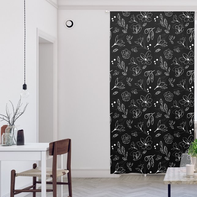 Minimal Contemporary Black White lineart florals Blackout Curtains (Living Room)