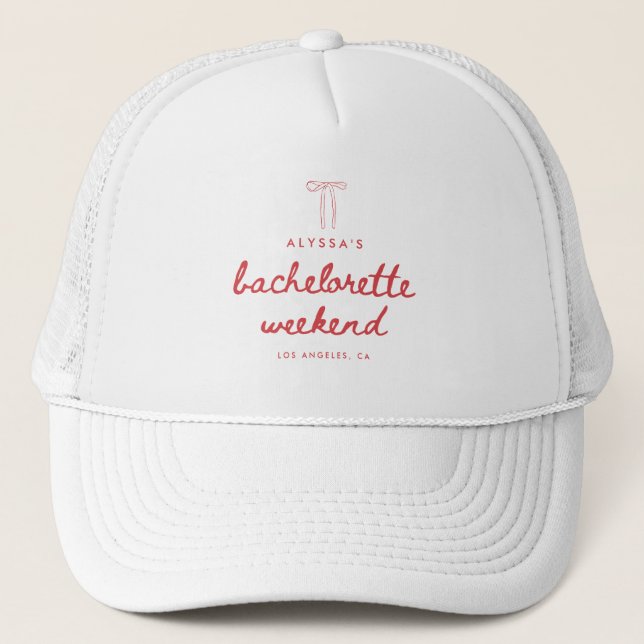 Minimal Coquette Script Bachelorette Weekend Trucker Hat (Front)