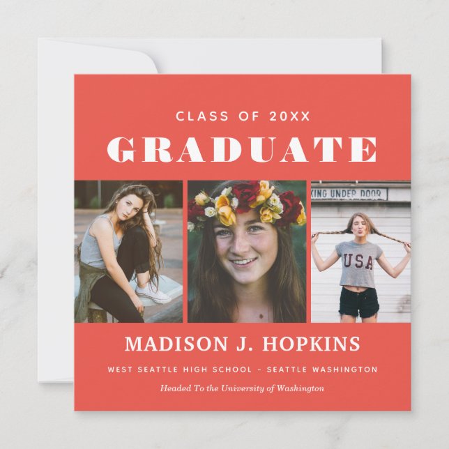 Minimal Coral Photo Graduation Announcement (Front)