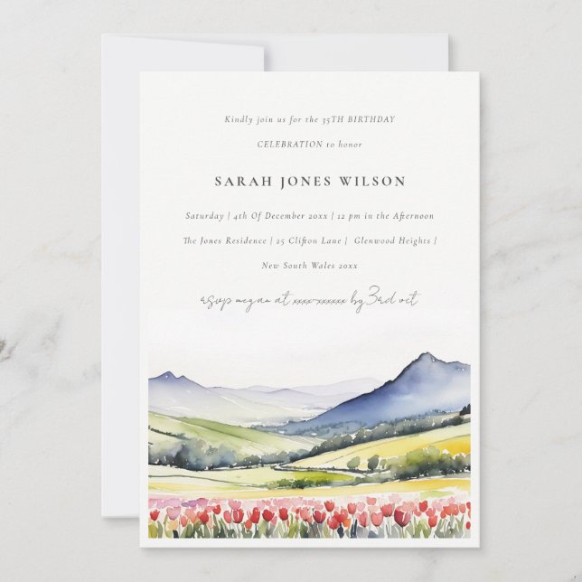 Minimal Country Spring Floral Landscape Birthday Invitation (Front)