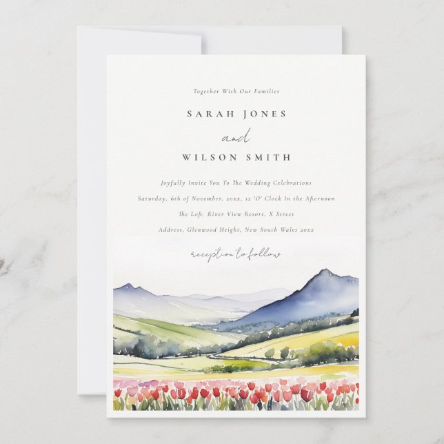 Minimal Country Spring Floral Landscape Wedding In Invitation (Front)