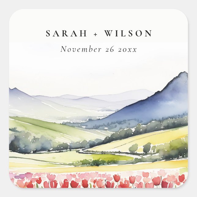 Minimal Country Spring Floral Landscape Wedding In Square Sticker (Front)