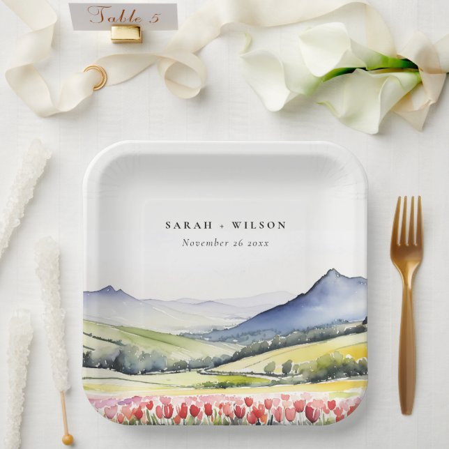 Minimal Country Spring Floral Landscape Wedding Paper Plates (Wedding)
