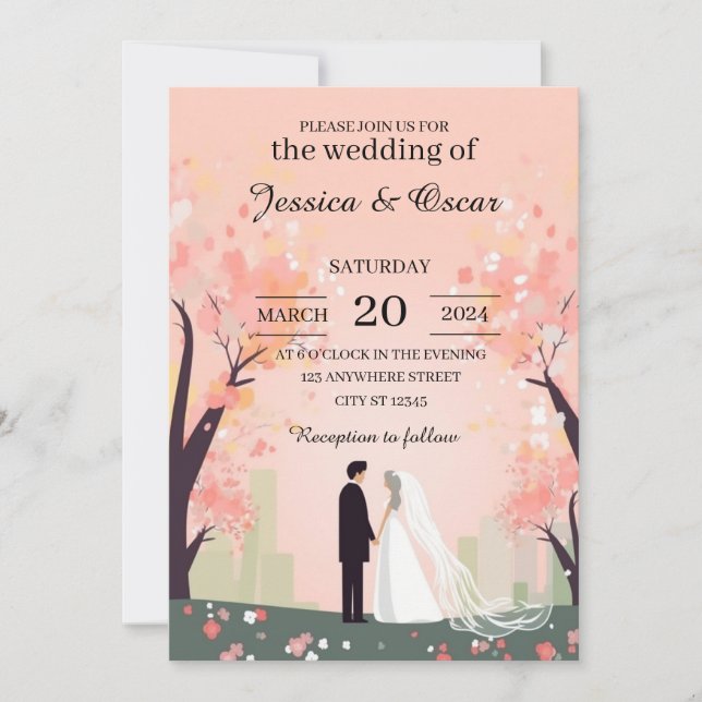 Minimal Couple Cartoon with Flowers Wedding Invitation (Front)