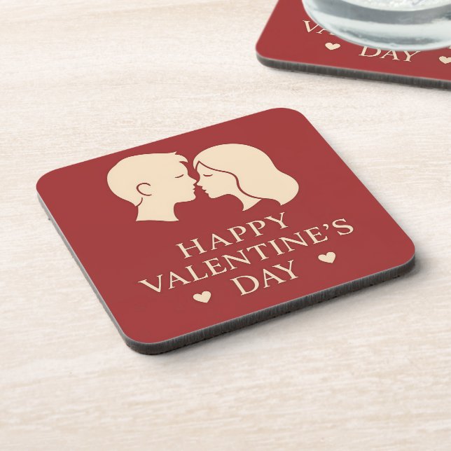 Minimal Couple Silhouette Romantic Valentine Heart Beverage Coaster (Left Side)