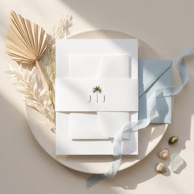 Minimal Couples Monogram Palm Tree Wedding Invitation Belly Band (Creator Uploaded)