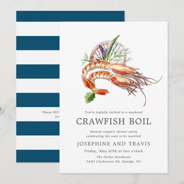 Minimal Crawfish Boil Couple's Shower Ocean Stripe Invitation (Front/Back)