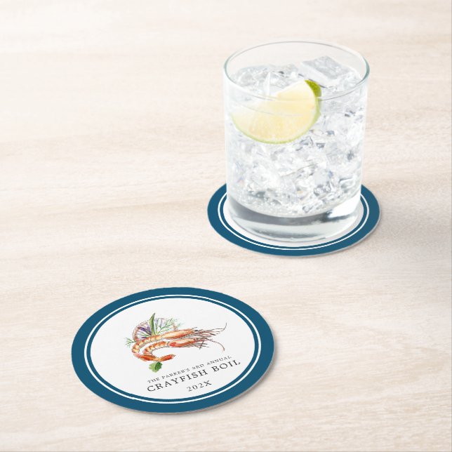 Minimal Crawfish Boil | Ocean Blue Round Paper Coaster (Insitu)