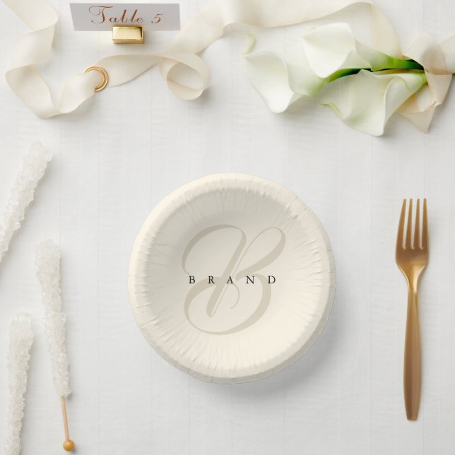 Minimal Cream Beige Elegant Monogram Company Paper Bowls (Wedding)