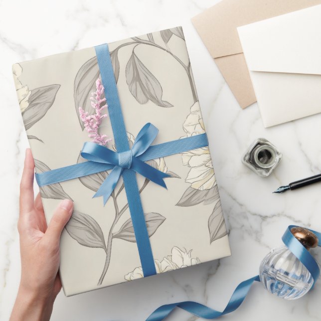 Minimal Cream Peony White Floral Pattern Wrapping Paper (Gifting)