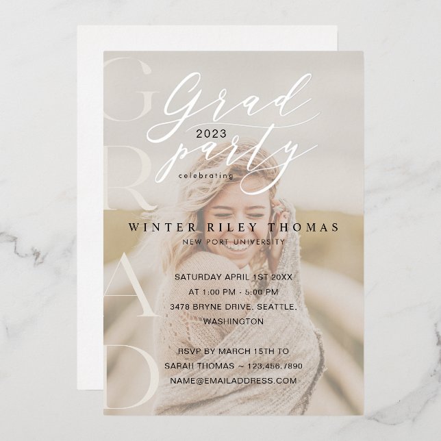 Minimal Cream Photo Grad Party Modern Calligraphy Foil Invitation (Front/Back)