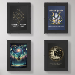 Minimal Crescent Moon & Sun Line Art Boho Style Wall Art Sets