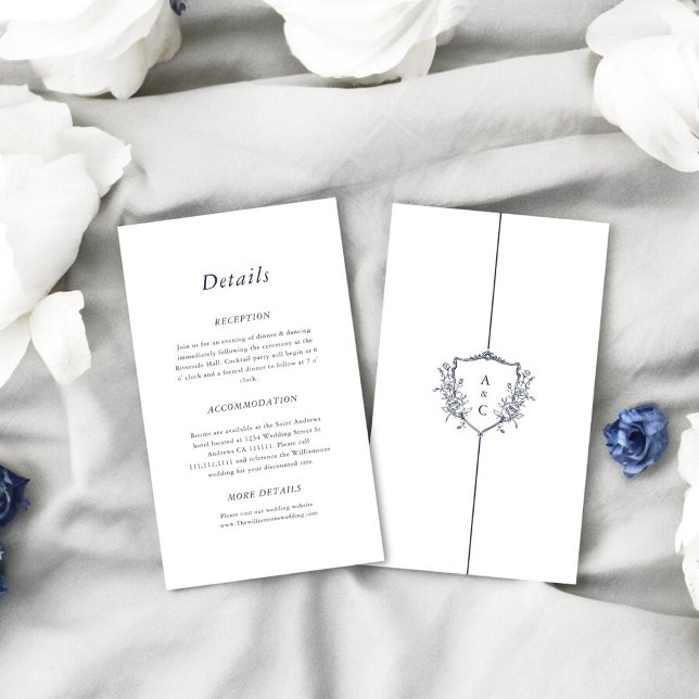  Minimal crested simple wedding Details Enclosure  Card (small elegant details card with a crest in navy blue , filly ediatble to suite your needs )