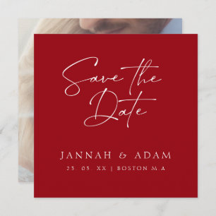 Minimal Crimson Red Typography Photo Wedding Save The Date
