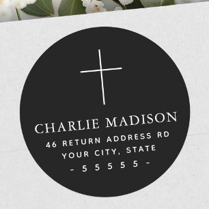 Minimal cross black return address classic round sticker