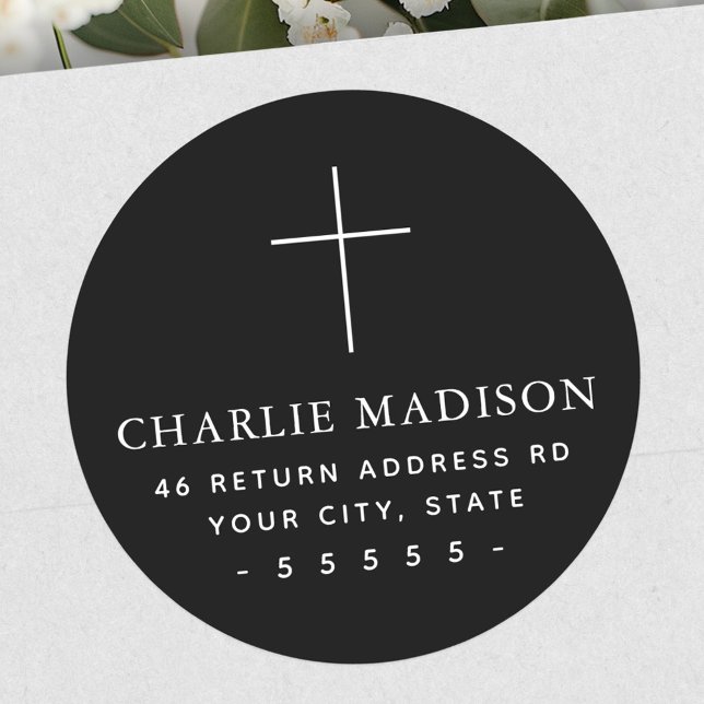 Minimal cross black return address classic round sticker (Minimal cross black return address classic round sticker)