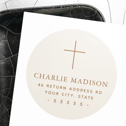 Minimal cross ivory colored return address classic round sticker