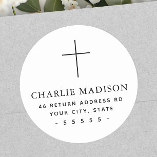 Minimal cross white return address classic round sticker