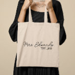 Minimal Cursive Mrs. Custom Last Name Wedding Gift Tote Bag<br><div class="desc">This is a Minimal Cursive Custom Mrs. Last Name Wedding Gift Tote Bag!</div>