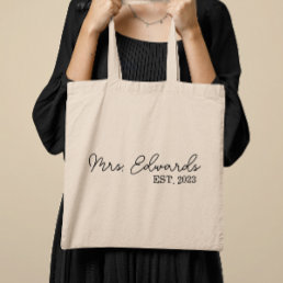 Minimal Cursive Mrs. Custom Last Name Wedding Gift Tote Bag