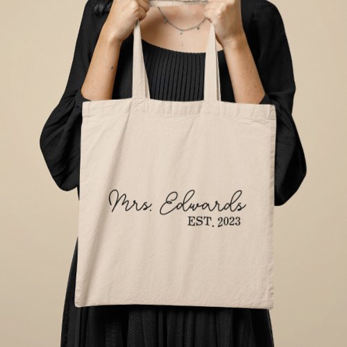 Minimal Cursive Mrs Custom Last Name Wedding Gift Tote Bag