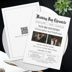 Minimal Custom 2 Photo QR Code Newspaper Wedding Invitation