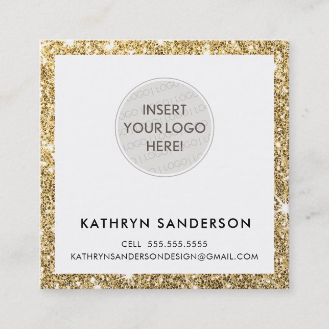 MINIMAL CUSTOM LOGO modern chic gold glitter black Square Business Card (Front)