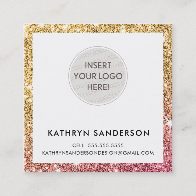 MINIMAL CUSTOM LOGO modern chic gold pink glitter Square Business Card (Front)