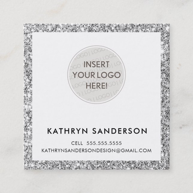 MINIMAL CUSTOM LOGO modern chic silver glitter Square Business Card (Front)