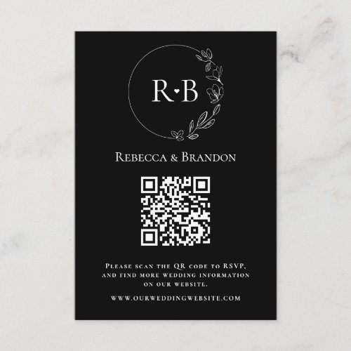 Minimal Custom Monogram Black white QR Code RSVP Enclosure Card