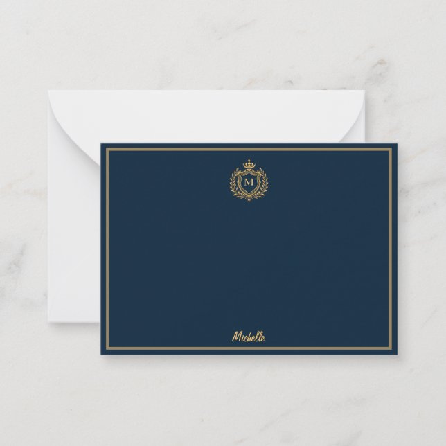 Minimal Custom Monogram Name Royal Crest Emblem    Note Card (Front)