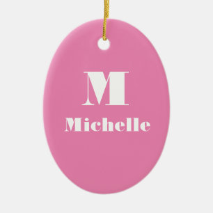 Minimal Custom Name Initial Solid Color Pink Ceramic Ornament