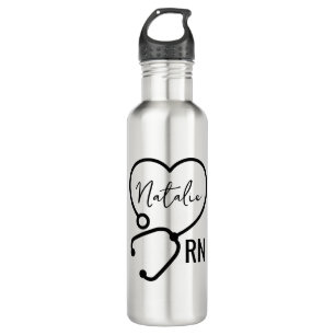 Minimal Custom Nurse Name Stethoscope Heart  Stainless Steel Water Bottle