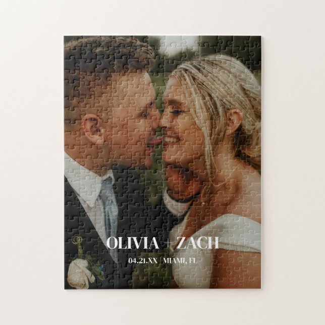 Minimal Custom Photo Wedding Couple & Names Jigsaw Puzzle (Vertical)