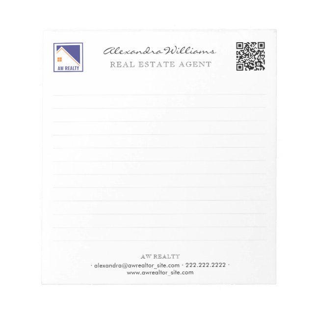 Minimal Custom Realtor Logo QR Code Lined Business Notepad (Front)