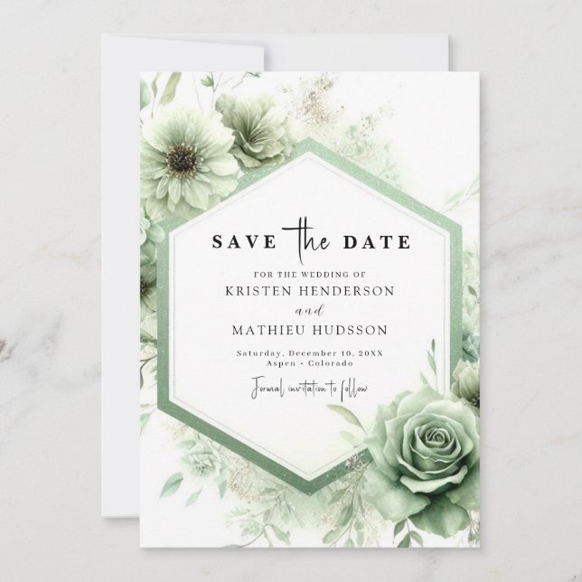 Minimal Custom Typography Sage Green Wedding Save The Date (Front)