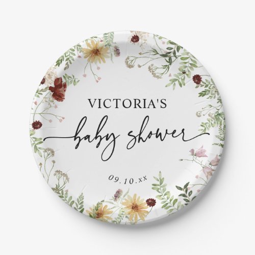 Minimal Cute Boho Wildflower Greenery Baby Shower Paper Plates